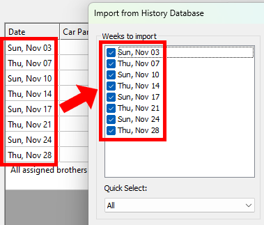 Checklist of weeks to import