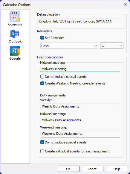 Screenshot: Calendar Options – Common property page