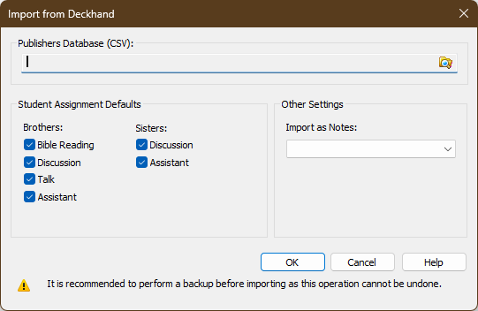 Screengrab of the Import from Deckhand window
