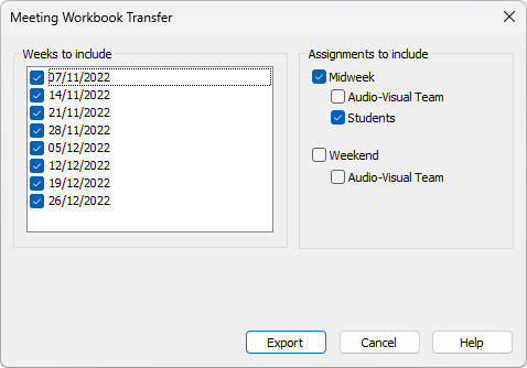 Meeting Workbook Transfer window — Export
