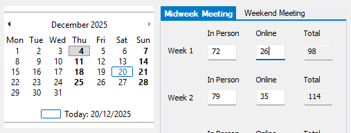 Fields for entering in-person and online attendance with automatic totals.
