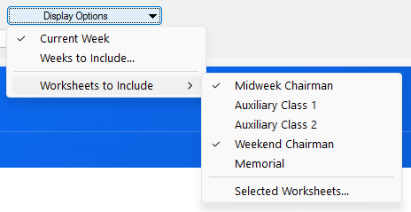 Display Options menu expanded, showing Current Week, Weeks to Include…, and a list of worksheet types with checkmarks for selected items.