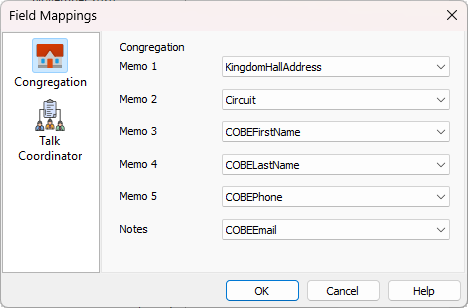 Field mapping dialog showing two tabs: Congregation and Talk Coordinator.