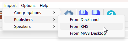 Import menu open, showing Publishers → From KHS.