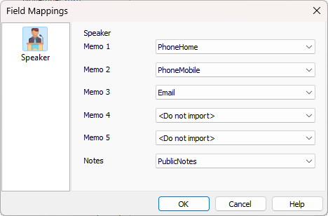 Field mapping dialog showing memo fields available for speakers.