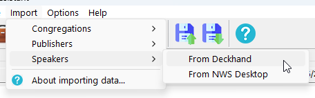 Import menu open, showing Speakers → From Deckhand.