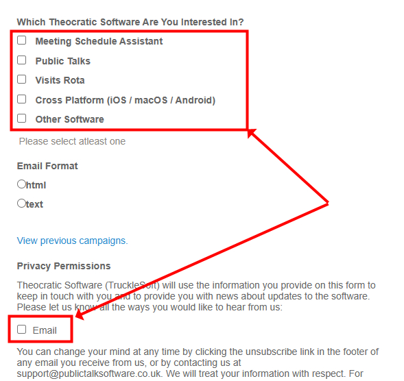 Newsletter subscription form showing checkboxes for software interest selection and the Email permission option highlighted.
