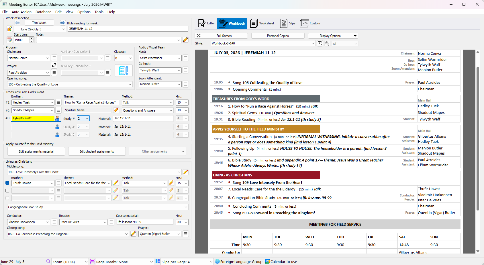 Meeting Editor showing the meeting editing workspace alongside a formatted meeting schedule preview.