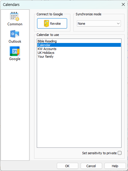 Calendars window showing the Google tab. The user is signed in and has selected a calendar from the list. Synchronisation mode and privacy options are visible.