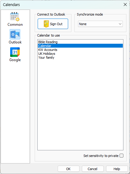 Calendars window showing the Outlook tab. The user is signed in and has selected “Calendar” from a list of available Outlook calendars, including Bible Reading, KW Accounts, UK Holidays, and Your family. Options for synchronization mode and privacy sensitivity are visible.
