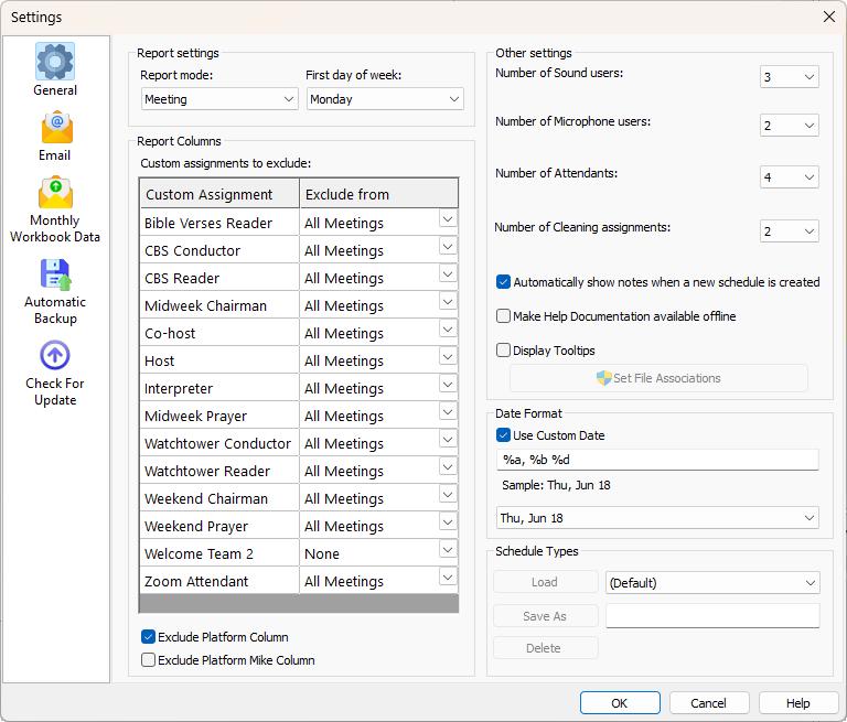 Settings window showing the General tab with options for report mode, excluded custom assignments, user counts, date format, and schedule types. The left panel displays tabs for General, Email, Monthly Workbook Data, Automatic Backup, and Check for Update.