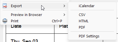 Menu showing the Export submenu in the Assignments Editor. Export options include CSV, HTML, ICS, PDF, and PDF Settings.