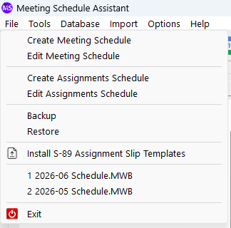 File menu in Meeting Schedule Assistant showing commands for creating and editing schedules, backing up or restoring data, installing S‑89 templates, and exiting the program.